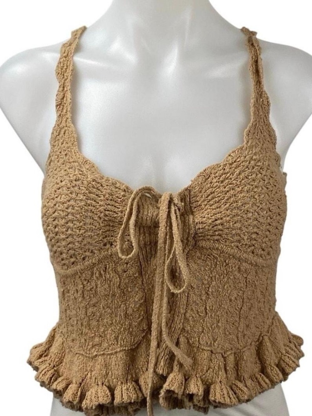 MAJORELLE Tan Crochet Ruffle Tie-Front Corset Crop Top